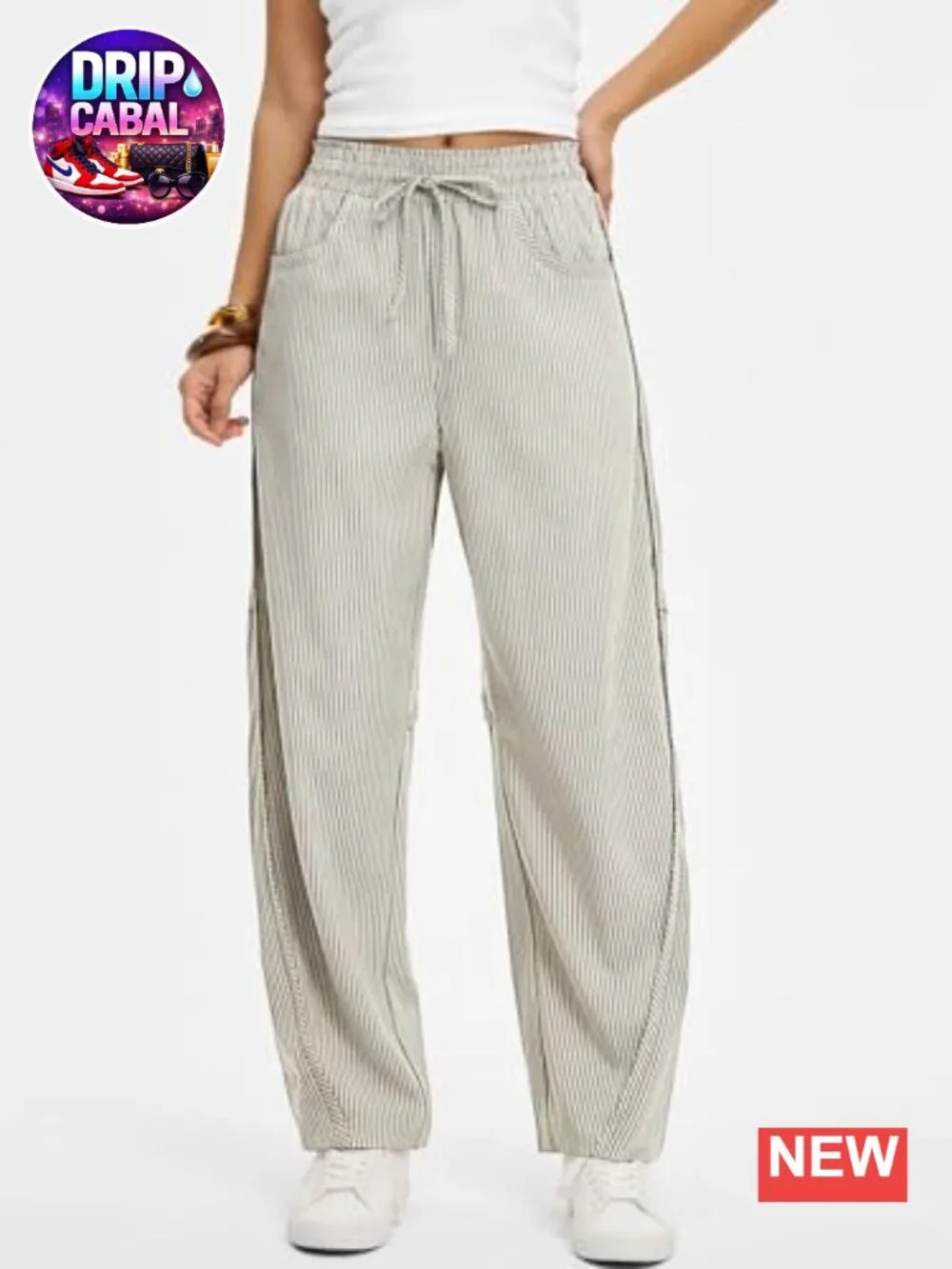 Womens Striped Barrel Casual Pants Elastic Drawstring Baggy Lounge Wide Leg
